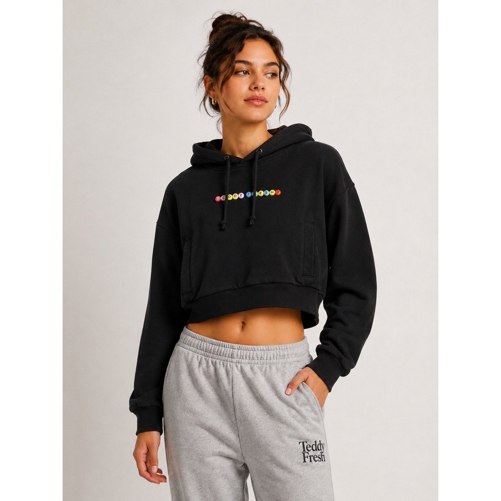 Teddy Fresh Black Cropped Hoodie Bead Logo Cotton Streetwear Sweatshirt Small